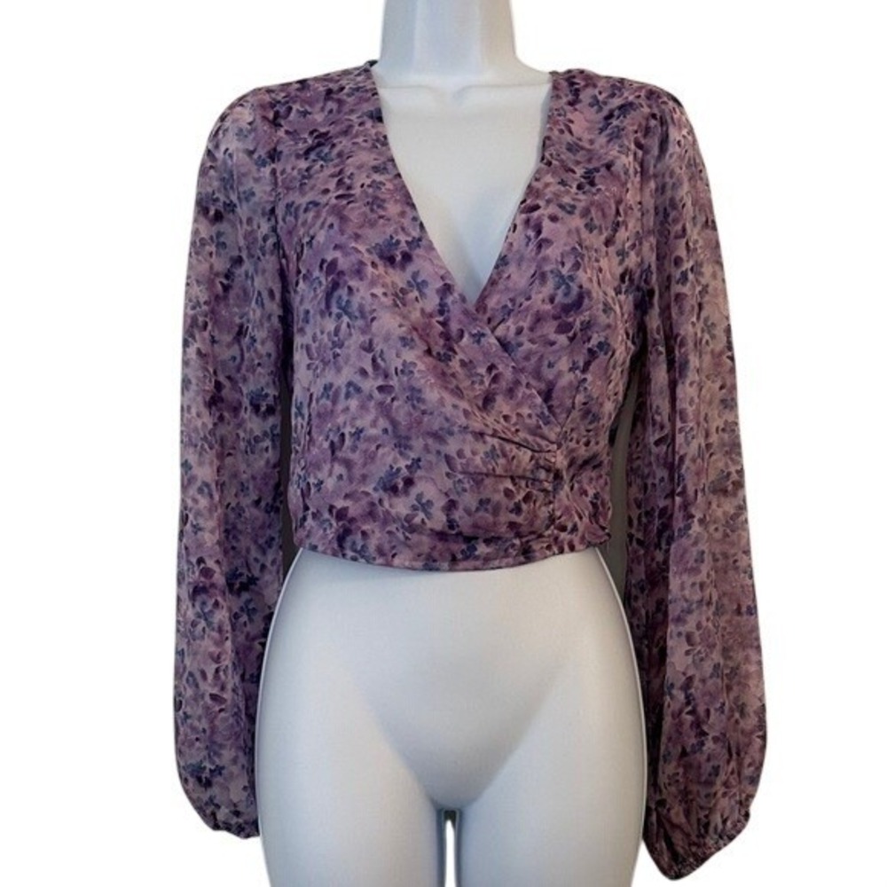 ACOA Purple Floral Long Sleeve Wrap Crop Top V-Neck Small ACT11146